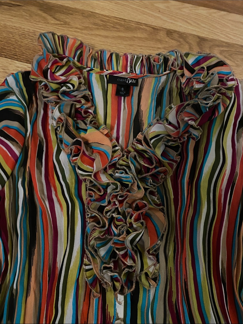 Multistripe Ruffle-Trim Button Front Blouse - Picture 2 of 5